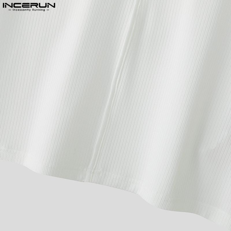 INCERUN Мужские футболки с лацканами, коротким рукавом, повседневные, приталенные, в рубчик