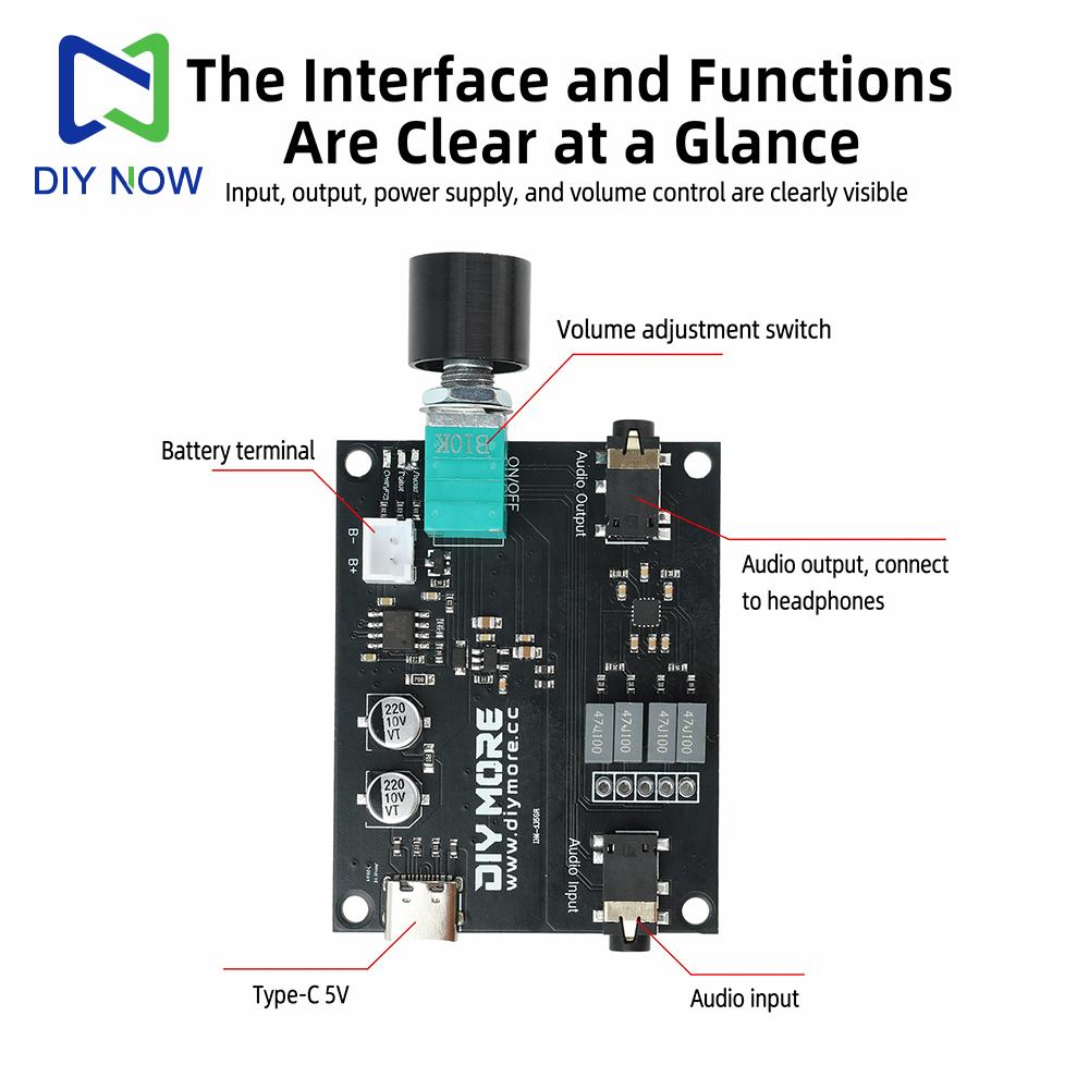 Модуль усилителя для наушников DM-AB001 MAX97220 Двойное питание Type-C Литиевая батарея 3,7 В 3,5 мм Вход/Выход Для DIY Портативный HiFi Аудио Усилитель