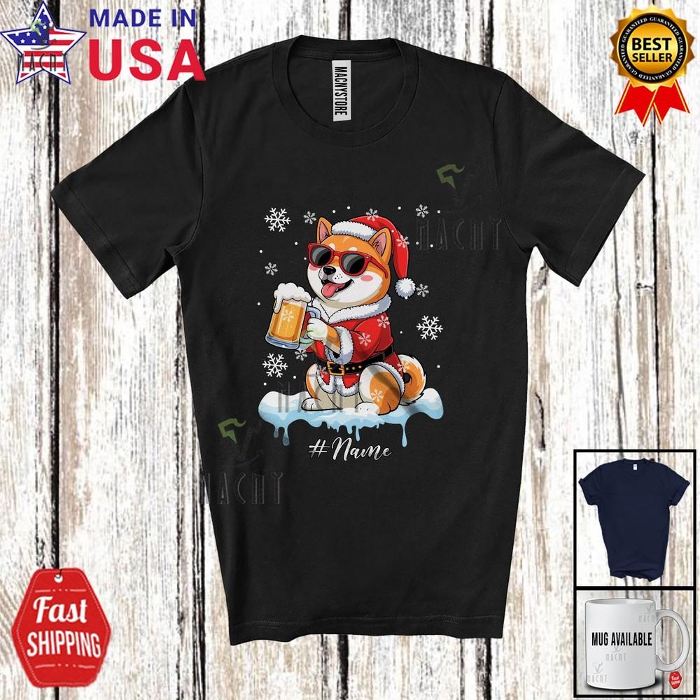 Custom Name Shiba Inu Santa Drinking Beer Joyful Christmas Drunker Family Shirt