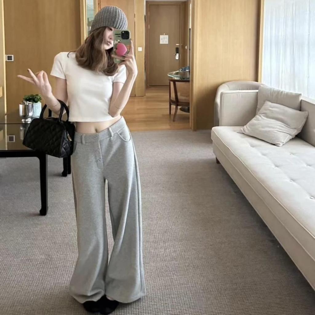 Женские серые брюки с высокой посадкой, на флисовой подкладке, с широкими штанинами – Весенне-осенние, повседневные и теплые