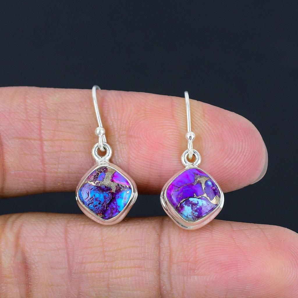 Purple Copper Turquoise Gemstone Earrings Solid 925 Sterling Silver Handmade Drop Dangle Earrings Jewelry Gift For Women & Girls