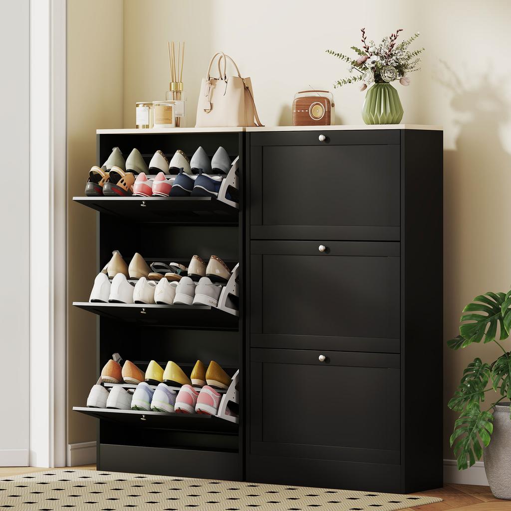 Scandinavian Shoe Cabinet, 3 Drop-Down Doors, Holds 18 Pairs, 60x23.5x115cm, Black Wood-Look