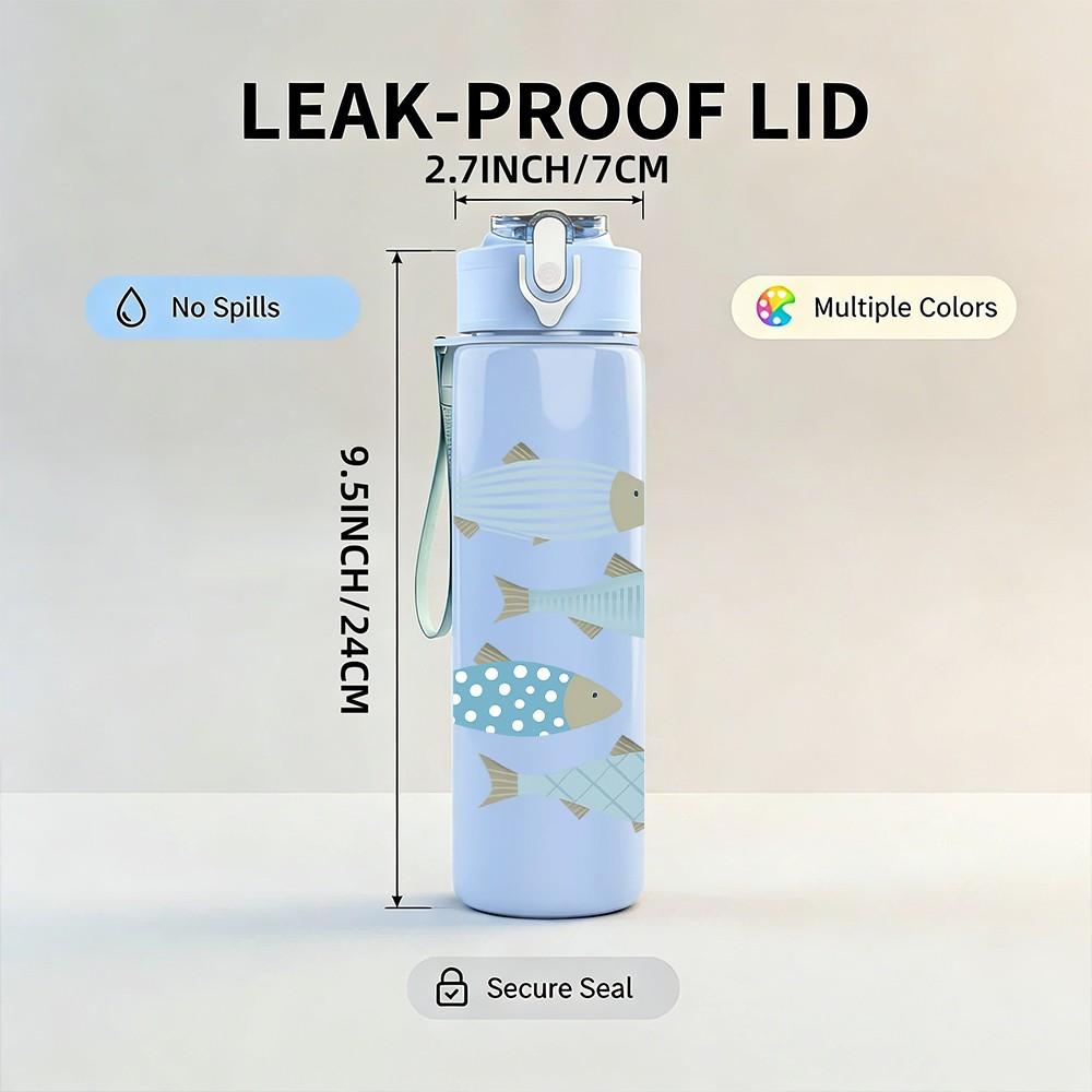1PC School Of Fish Light Blue Print 750ml Color Plastic Sports Water Bottle Leakproof Flip Straw Lid Suitable for Sports Office Home Use