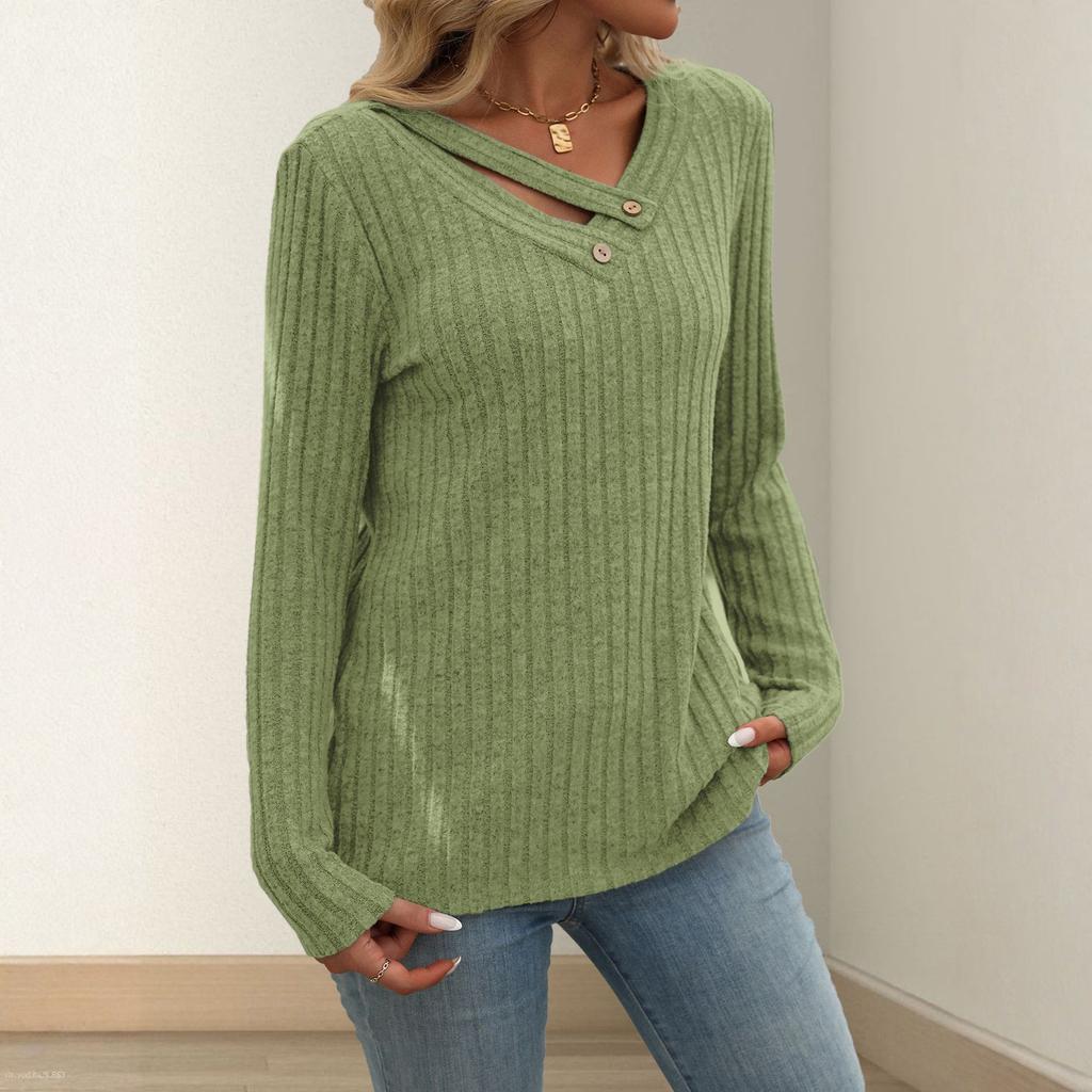 Women's Fashionable Solid Color V Neck Button Long Sleeved Loose Pullover T-shirt Top