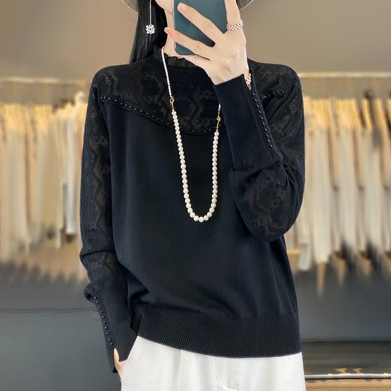 Весенне-осенний женский вязаный свитер с деревянным воротником и ушками, кружевной ажурный шерстяной свитер, свободный однотонный свитер с полувысоким воротом, тонкая рубашка