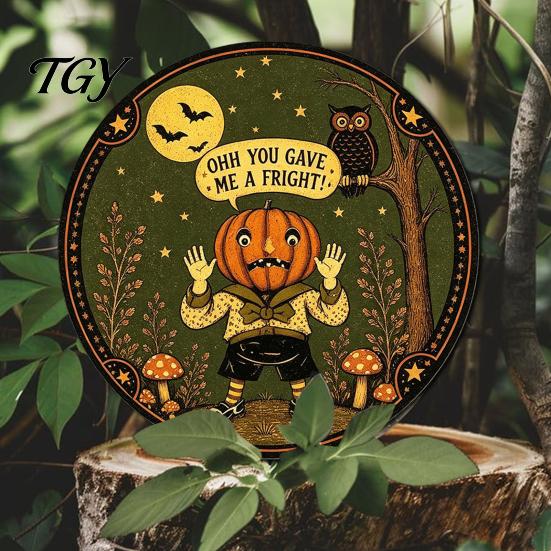 Wall Mounted Metal Decor Retro Halloween Sign, Round Decorative Vintage Illustration Sign Rustic Art for Living Room Party Decoration Festive
