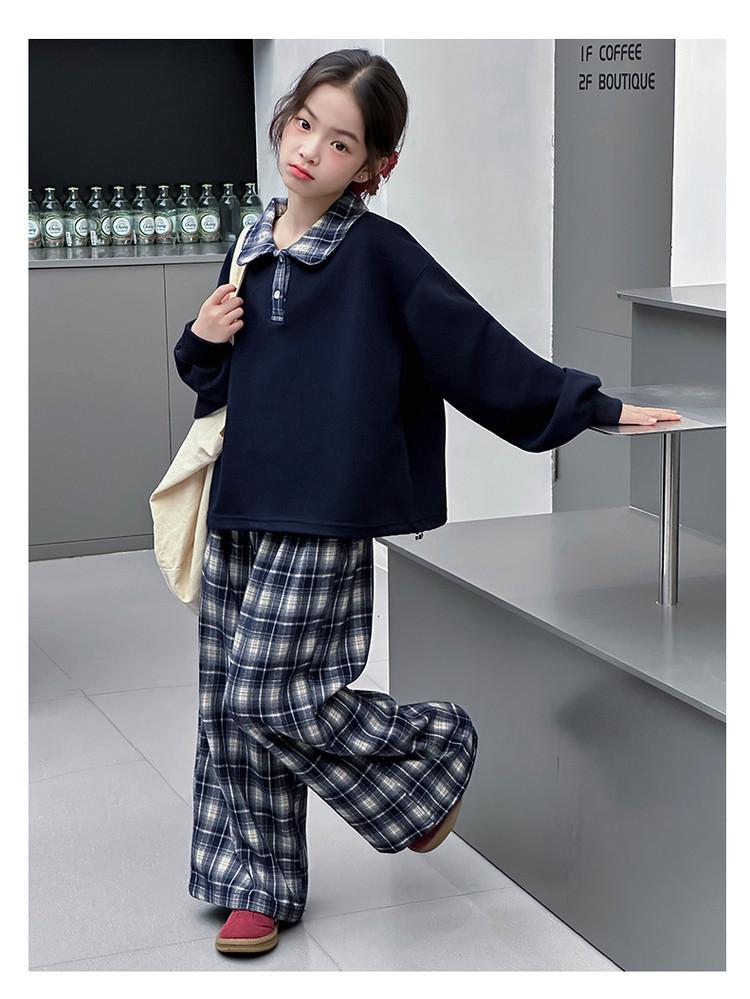 2025 New Early Autumn Girls' Turn-Down Collar Sweatshirt Set for Middle School