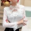 Temperament Lace Bottoming Shirt Women's Autumn and Spring Sweet Stand-up Collar Flowers Sexy Hollow Mesh Top