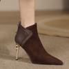 Новый Стиль Мода Женские Осенние Женские Ботильоны Элегантные Короткие Ботинки из Коричневой Замши Комбинированная Кожа Железные Тонкие Высокие Каблуки Черные Ботинки