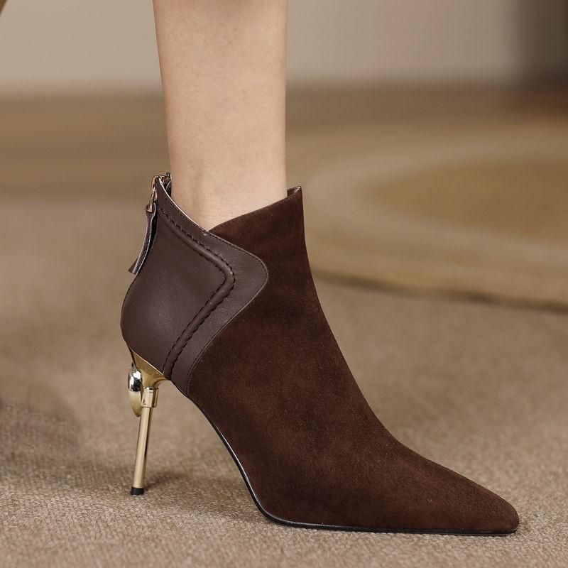 AJGS Зимние черные женские ботильоны из искусственной замши со стразами, элегантные короткие сапоги с острым носком и высокими каблуками-шпильками