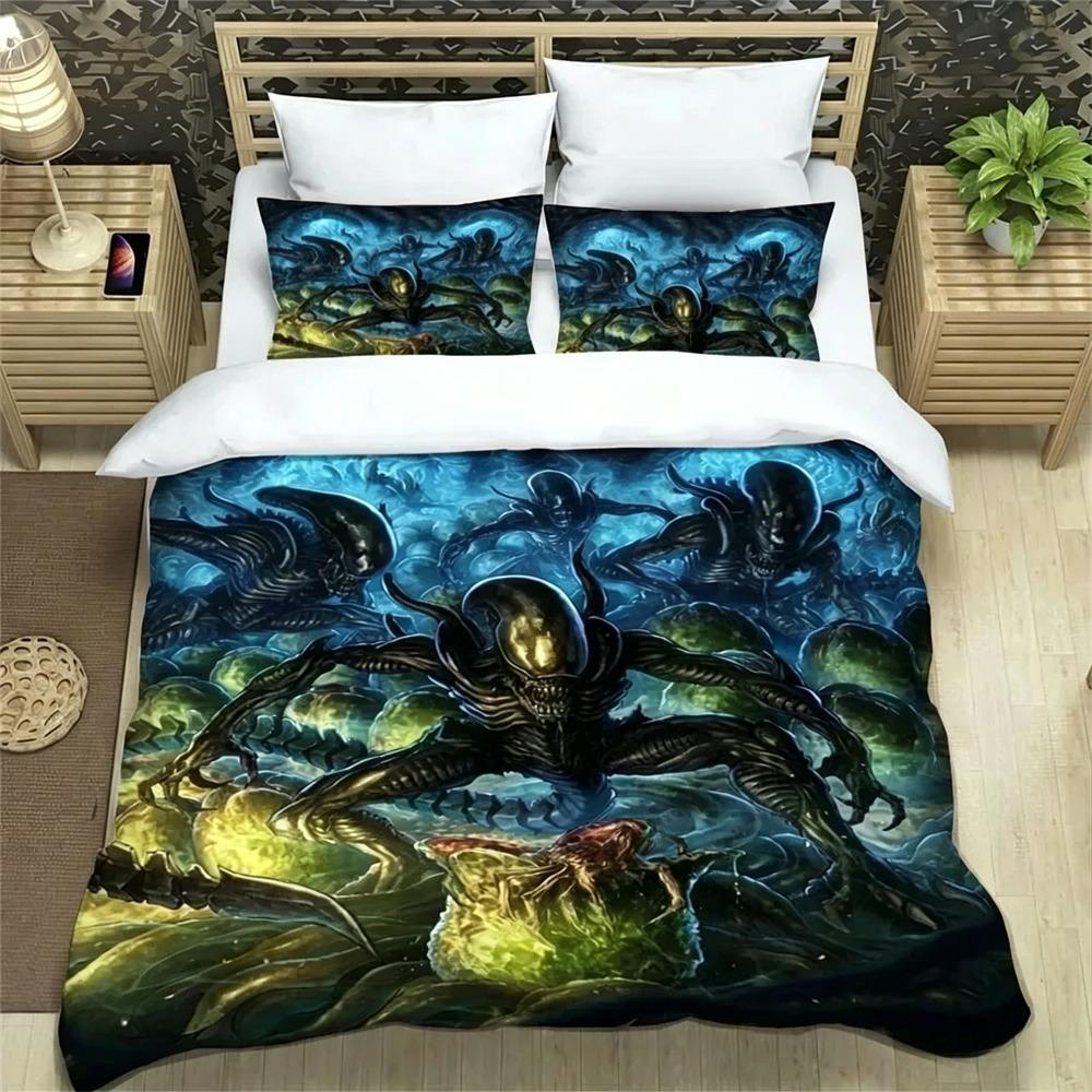 3D Print Alien Bedding Set,Duvet Cover Comforter Bed Set Quilt Cover Pillowcase,King Queen Twin Size Boys Girls Adults