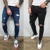 Эластичные узкие джинсы с потертостями до колен, мужские рваные байкерские джинсовые брюки, однотонные потертые уличные черные брюки, мужские спортивные штаны