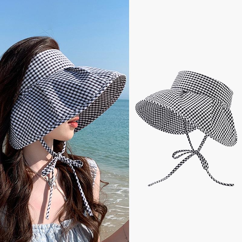 Летняя клетчатая шляпа от солнца, складная, с широкими полями, с пустым верхом, пляжная шляпа, дышащая, с защитой от ультрафиолета, для женщин, солнцезащитный козырек