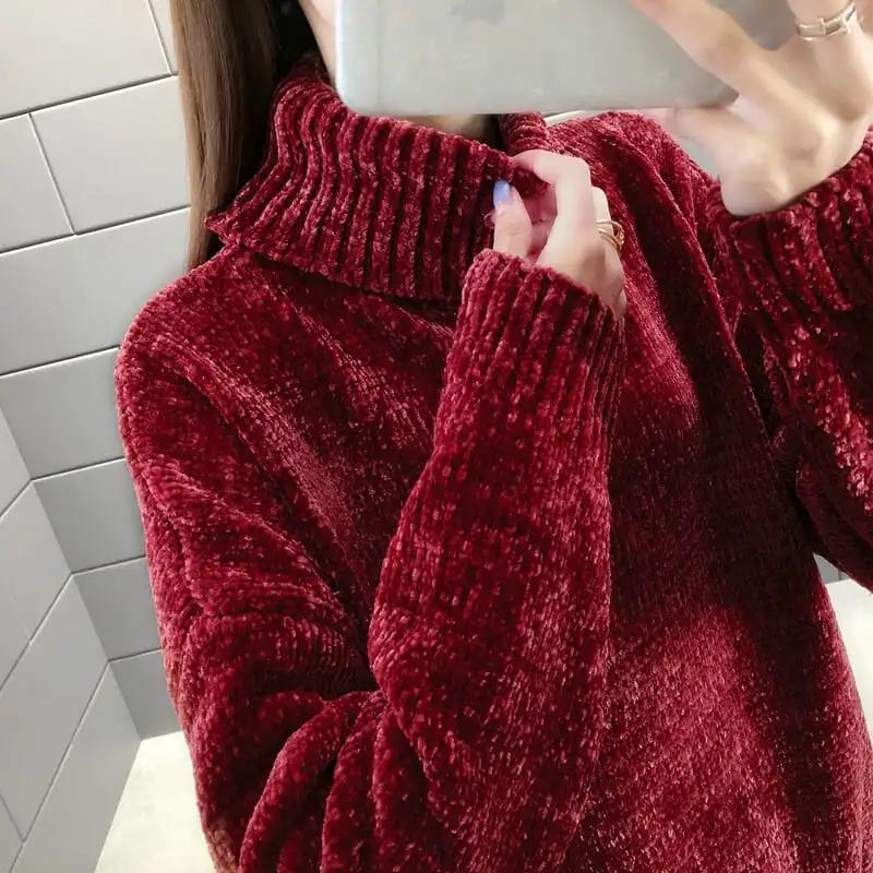 Autumn Winter Chenille Turtleneck Sweater Women's Loose Elastic Thick Knitted Sweaters Solid Female Warm Base Shirt