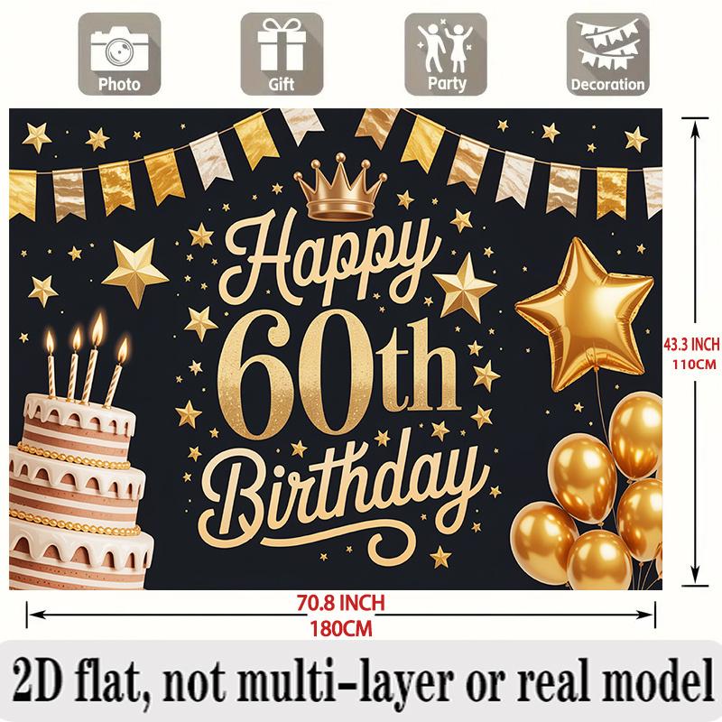 60th Birthday Banner, Golden Star Crown Backdrop Wall Decor for Celebration