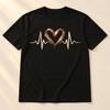 Women's Crew Neck Short Sleeve T-Shirt, Black Casual Top With Leopard Print Heart & Heartbeat Graphic, Soft Polyester Blend Fabric, Great Gif