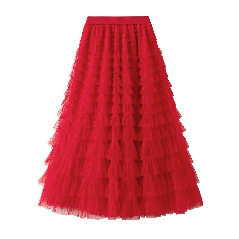 Spring and Autumn Women's Mesh Cake Halter Skirt Women's Skirt Fairy Saree Pleated Long Skirt