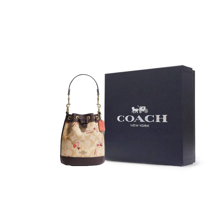 New COACH Bucket Classic Jacquard Leather Bucket Bag, Handbag, Shoulder Bag Trumpets Women's Beige & Dark Brown CK524-IMOT4