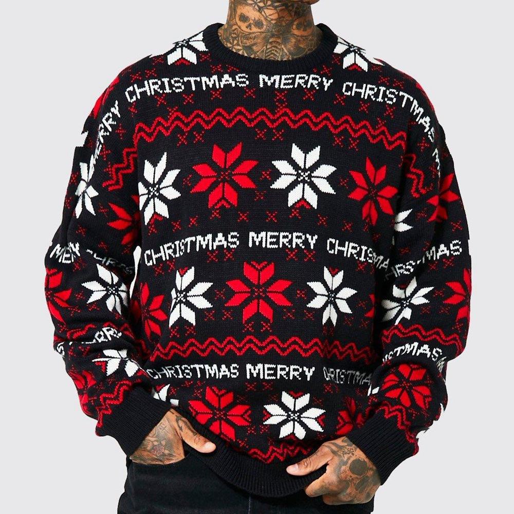 Men's Crew Neck Pullover Sweaters Loose Fit Long Sleeve Knit Cozy Christmas Jumpers Sweater Ugly Knitted Xmas Sweaters Casual Snowflake Knitwear Men