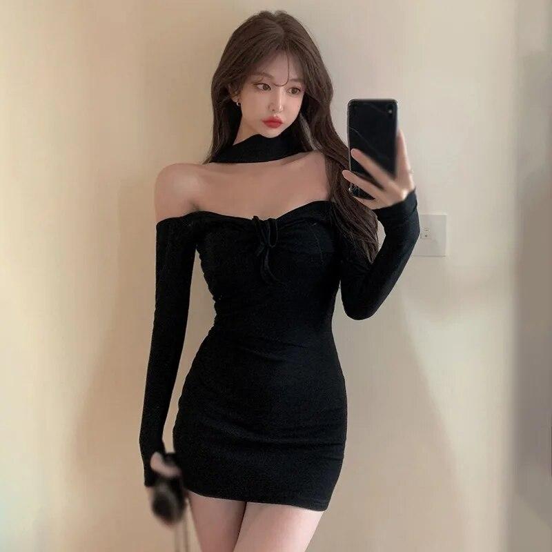 Женское платье с бретелькой на шее, облегающее мини-платье с открытыми плечами, праздничное платье с длинным рукавом, облегающее повседневное клубное платье