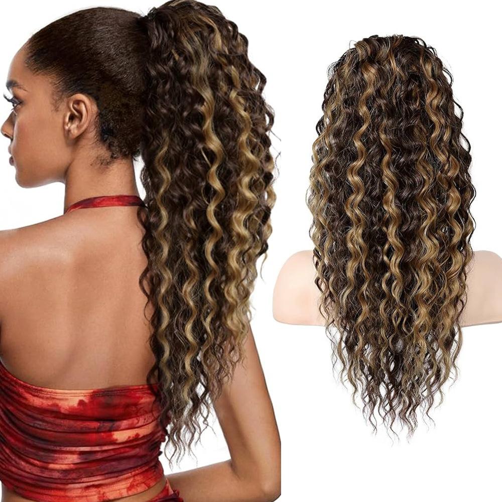 Женский длинный кудрявый хвост из натурального парика с глубокой волной