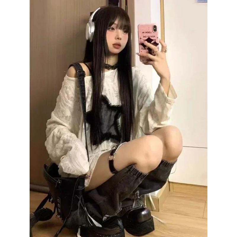 Футболка в стиле гранж, женская модная футболка с принтом звезды Y2k, эстетические свободные футболки Kpop Fairycore, рваная футболка Harajuku, готическая уличная одежда