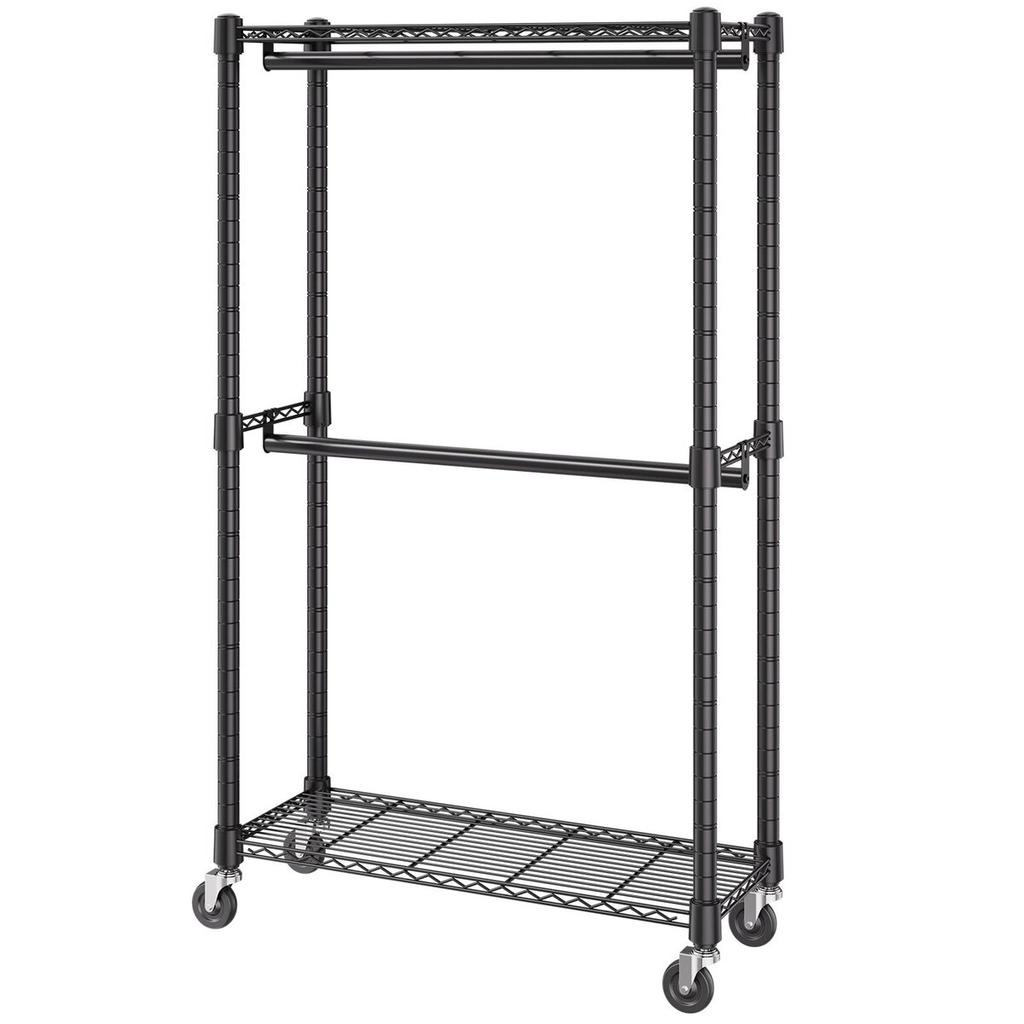 Heavy Duty Clothes Rack, Double Hanging Rods Clothing Garment Rack with Bottom and Top Storage Tier, Rolling Clothing Rack for Hanging Clothes, 1''