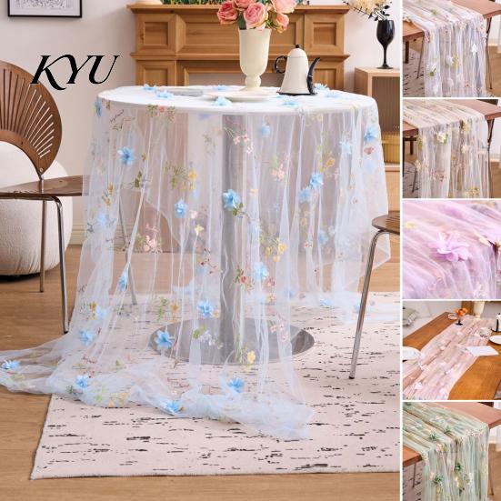 Country Style Table Decor Lace Embroidery Floral Tablecloth, 3D Flower Tulle Sheer Cover, Seasonal Tablecloth Colorful Cloth for Wedding Birthday Tea