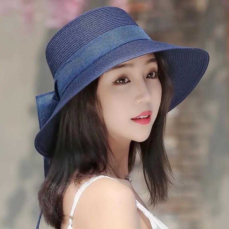 WTEMPO Elegant Casual Travel Beach Foldable Summer Hats with Bow Women's Wide Brim Solid Color Outdoor Sunscreen Hats