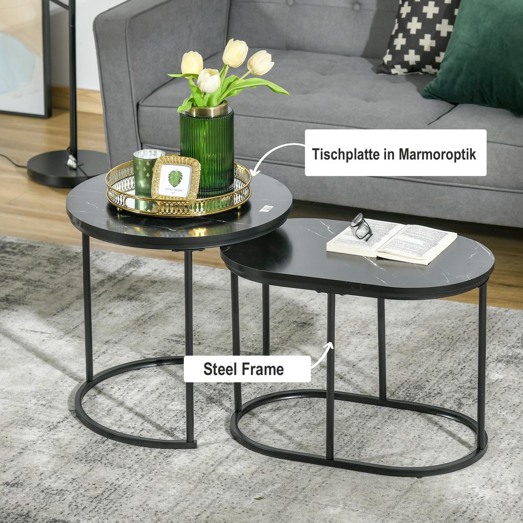 Nest of Tables with Steel Frame and Faux Marble Tabletop, Modern Coffee Table Set of 2, Black/White
