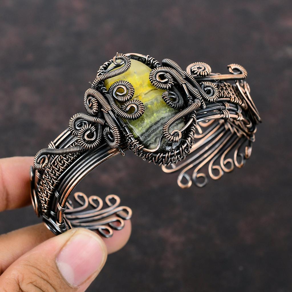 Браслет-манжета из яшмы с шмелем, медная проволока, браслет, драгоценный камень, медные украшения, регулируемый браслет ручной работы, свадебный подарок, ювелирные изделия из проволочной обмотки