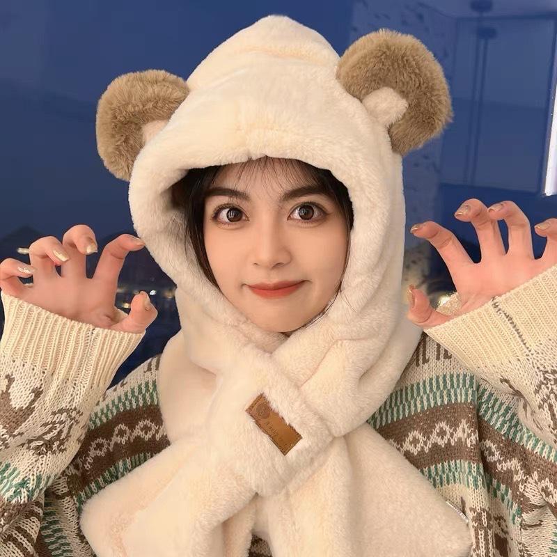 "2024 Bear Plush Hat & Scarf Set – Cute Winter Cycling Warmth"