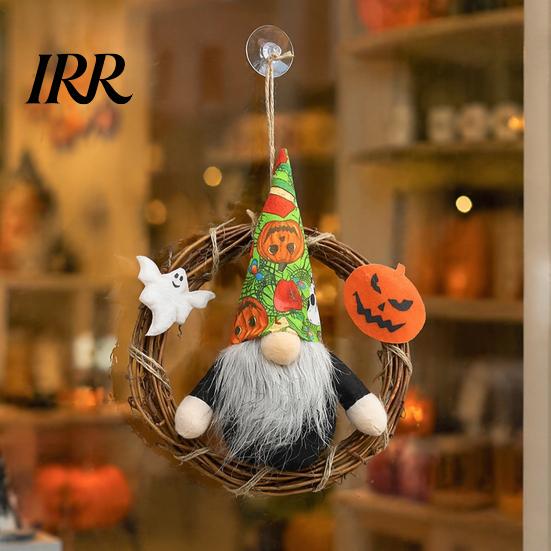Faceless Gnome Wreath Halloween Wreath, Rattan Rustic Hanging Decoration Pumpkin Wall Ornament with Ghost for Front Door Holiday Party Decor Festive