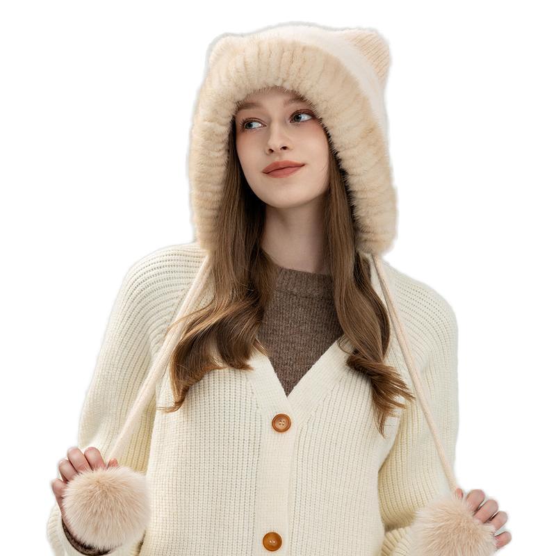 Luxury Women's Hand Knitted Mink Fox Fur Trim Wool Blend Hat Winter Beanie Warm Thermal Ear Protection Fashionable Functional
