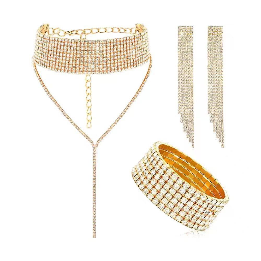 Fashion Set Necklace Soil Diamond Niche Geometric Tassel Earrings Bracelet Dinner Bag Four-piece Women's Set