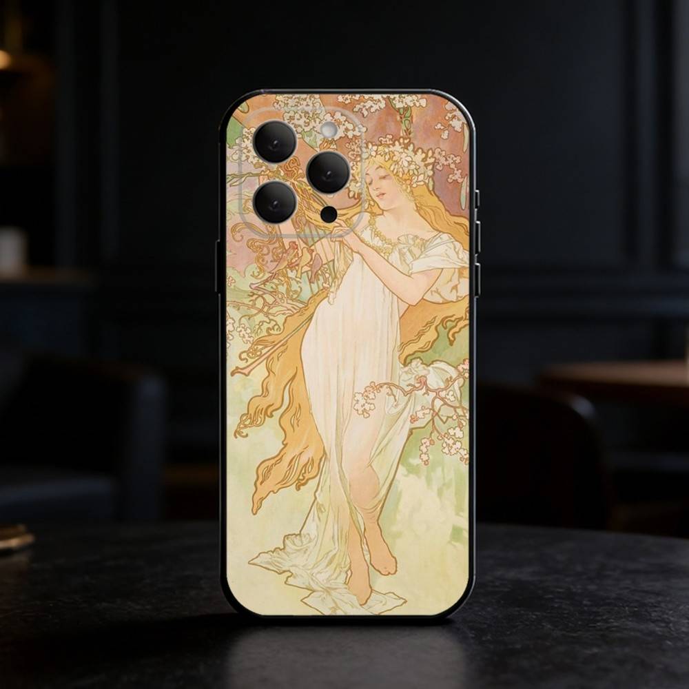 ART Альфонс Муха Чехол для телефона iPhone 17,16,15,14,13,12,11 Plus,Pro Max,SE4 Мягкий силиконовый черный чехол