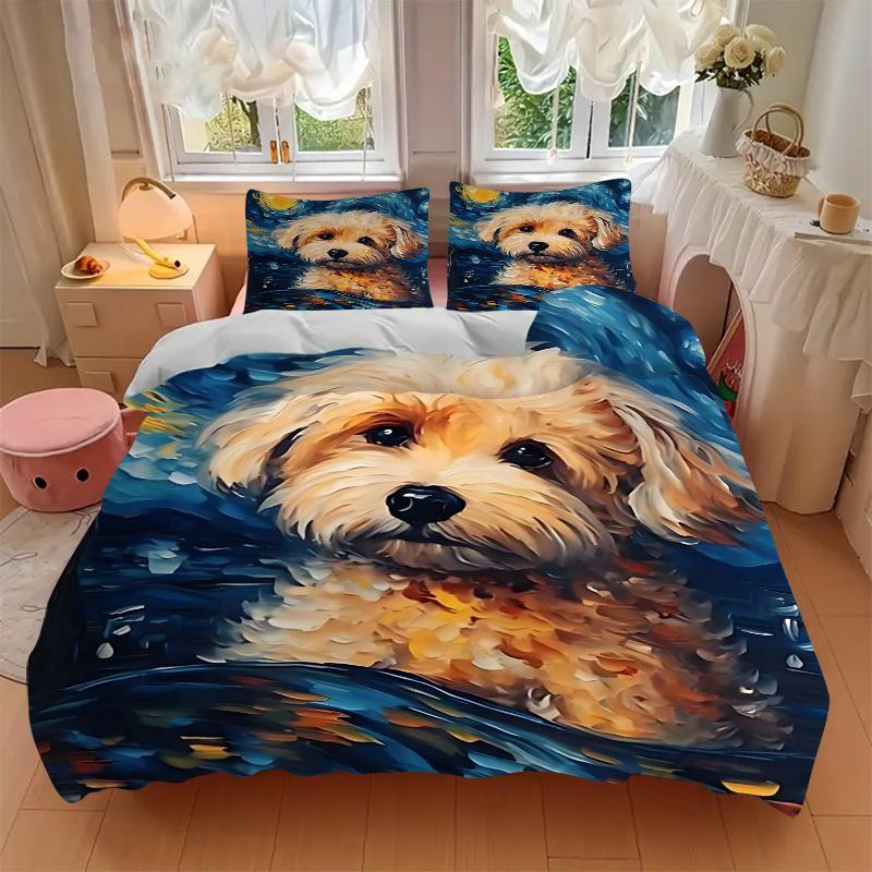 3pcs Cute Dog Printed Duvet Cover Set (1 * Cover+2 * Pillowcase, Without Core), Suitable for Home Bedroom, Guest Room, Dormitory Decoration Items