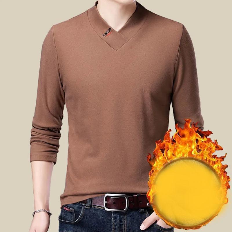 Зимняя мужская футболка с длинными рукавами, свитер, двусторонний флис, однотонная теплая рубашка с высоким воротником