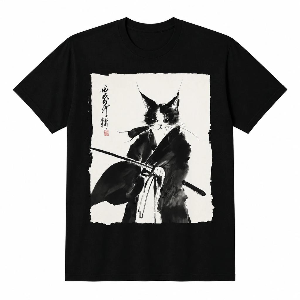 Samurai Cat T-Shirt Vintage Japanese Ukiyo-e Warrior Graphic Tee