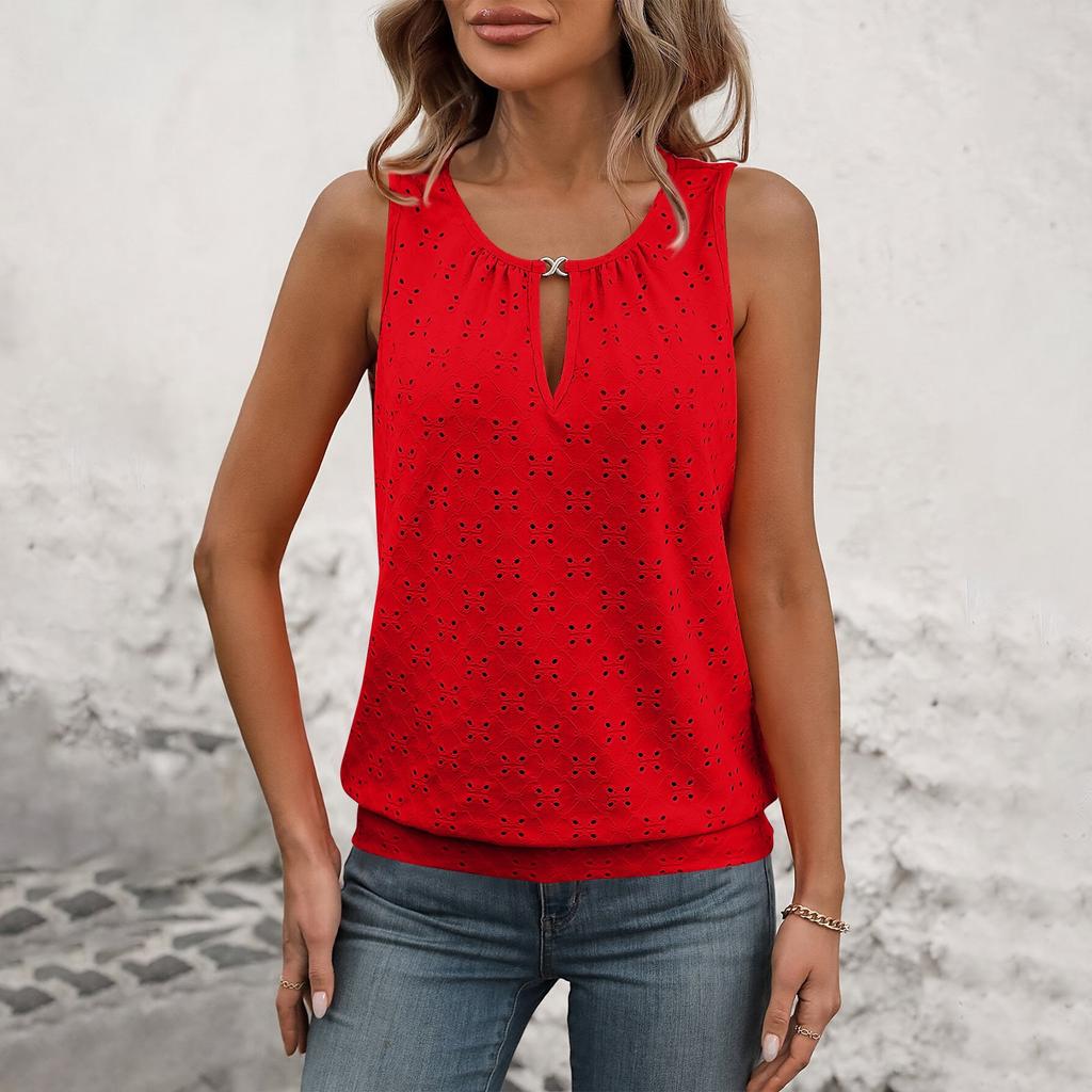 Женская модная однотонная футболка без рукавов с пряжкой и круглым вырезом