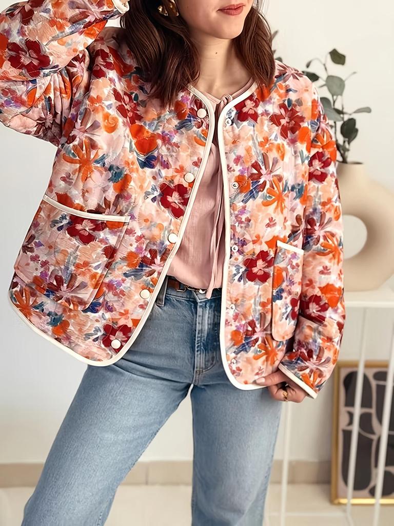 Женская хлопковая куртка в европейском и американском стиле 2025 года с ретро-принтом, круглым вырезом, однобортной застежкой, свободного кроя, в стиле кэжуал, с карманами