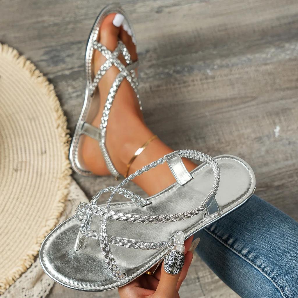 Новые модные плетеные сандалии с круглым носком и мелким носком, летние элегантные повседневные туфли на плоской подошве, НЕТ:Е2240