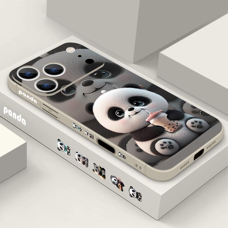 Чехол для iPhone 17 Pro Max с Пандой, пьющей молочный чай, с мягким силиконовым ремешком-шнурком, Чехол для iPhone 16 Pro Max, Чехол iPhone 15 14 13 12 11 16E Air