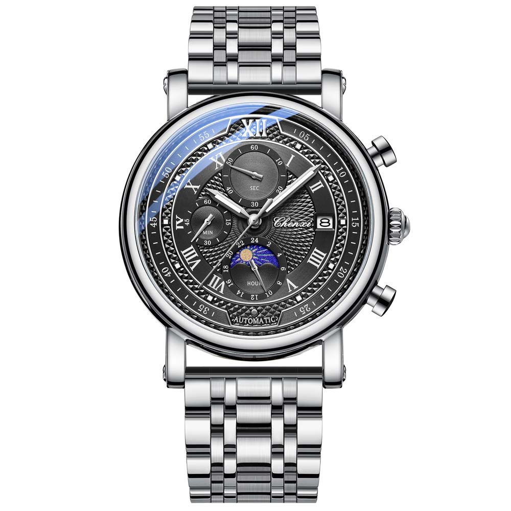 CHENXI MultiFunction Men's Quartz Watch True Triple-Eye Six-Hand Men's Watch Moon Phase Calendar Chronograph Men's Wristwatch