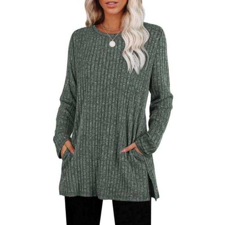Women's Pullovers & Long Sleeves - Women Long Sleeve Knit Tops Casual Solid Color Striped Blouse with Side Pocket