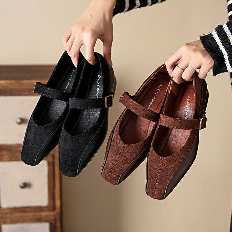 Туфли Мэри Джейн с ремешком на одну пряжку, женские, весна 2025, новый зарубежный стиль, туфли-лодочки с мелким вырезом, квадратным носком, толстым каблуком, комбинированные, маленькая лиа