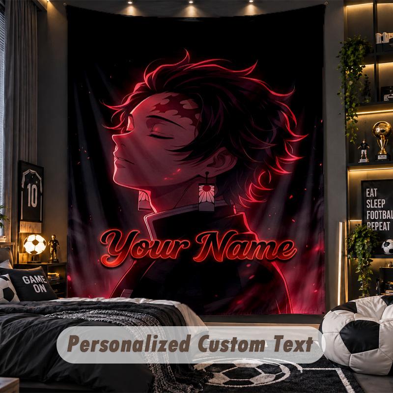 Personalized Wall Tapestry,Demon Slayer Custom Printed Name, Fabric Wall Art For Indoor Room Backdrop