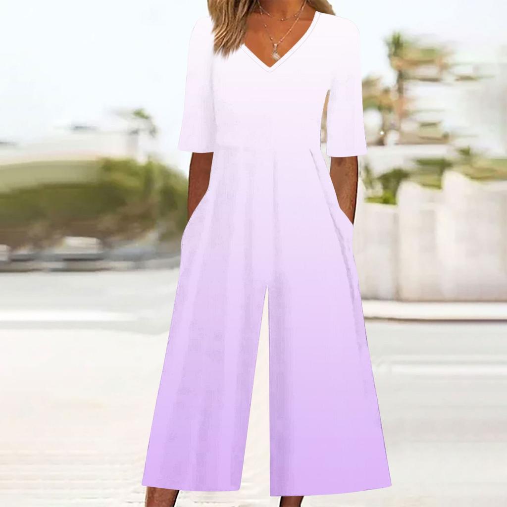 Женский свободный повседневный комбинезон с V-образным вырезом и градиентным принтом, приталенный, с широкими штанинами