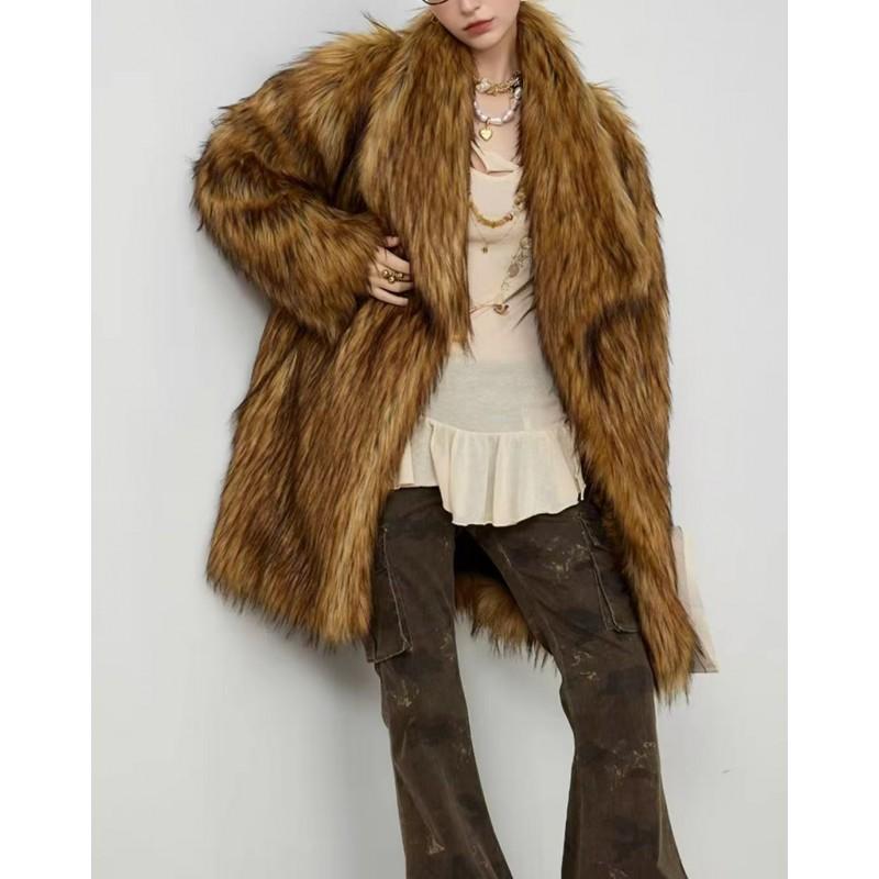 Womens Fashion Faux Fox Fur Coat Stylish Mid-Length Outerwear No Hood Turn-Down Collar