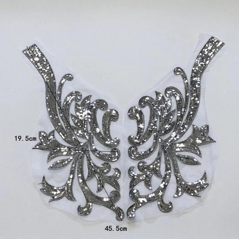 Silver Lace Fabric Embroidered Gown Appliques Flora Collar Mesh Baroque Vintage Sew On Patches For Wedding Decoration Dress DIY